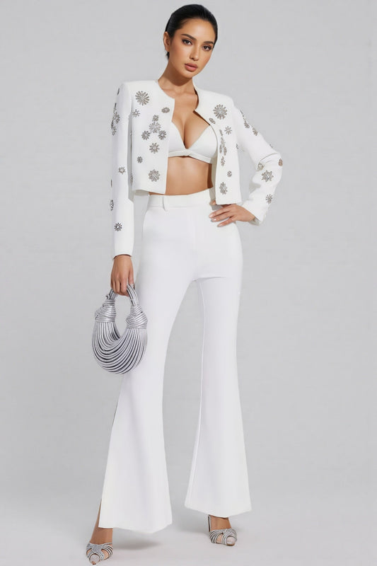 Ravrd White Crystal Pearl Blazer Set