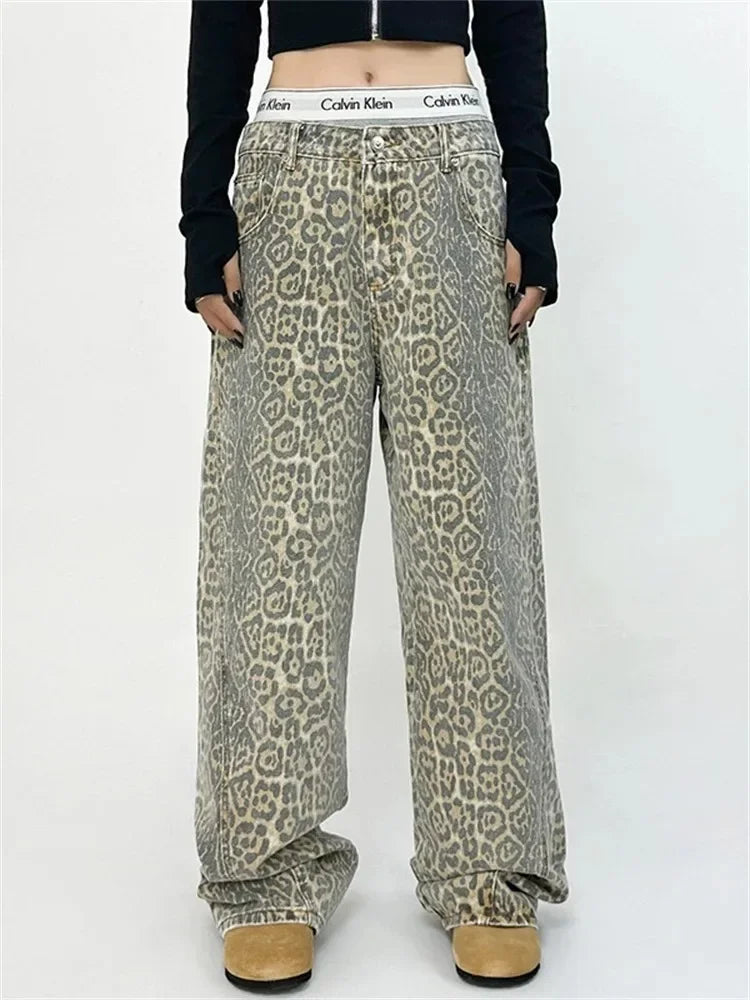 FashionSierra - American Baggy Leopard Print Wide High Waisted Oversized Hip Hop Trouser