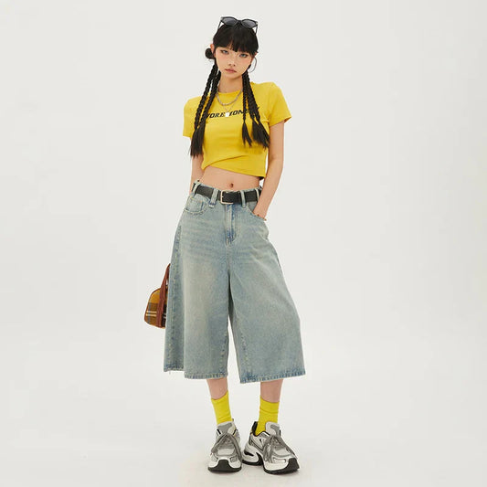 Wash Cropped Rise Denim Short Pants Wide Leg Straight Jeans