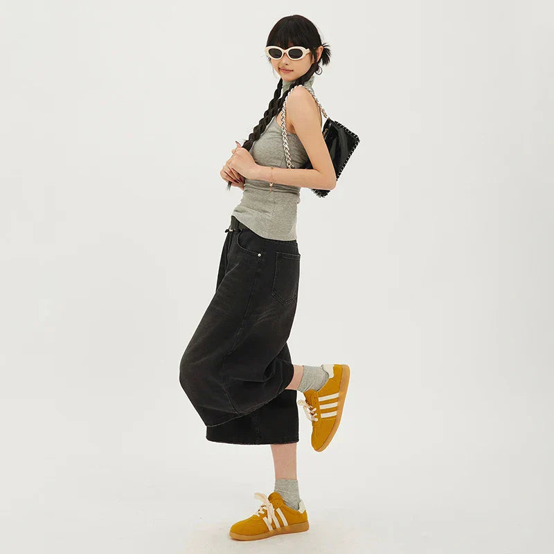 Wash Cropped Rise Denim Short Pants Wide Leg Straight Jeans