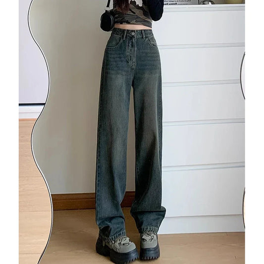 Retro Cement Wide-Leg Female 2025 New High-Waisted Thin Loose Straight Drag Jeans