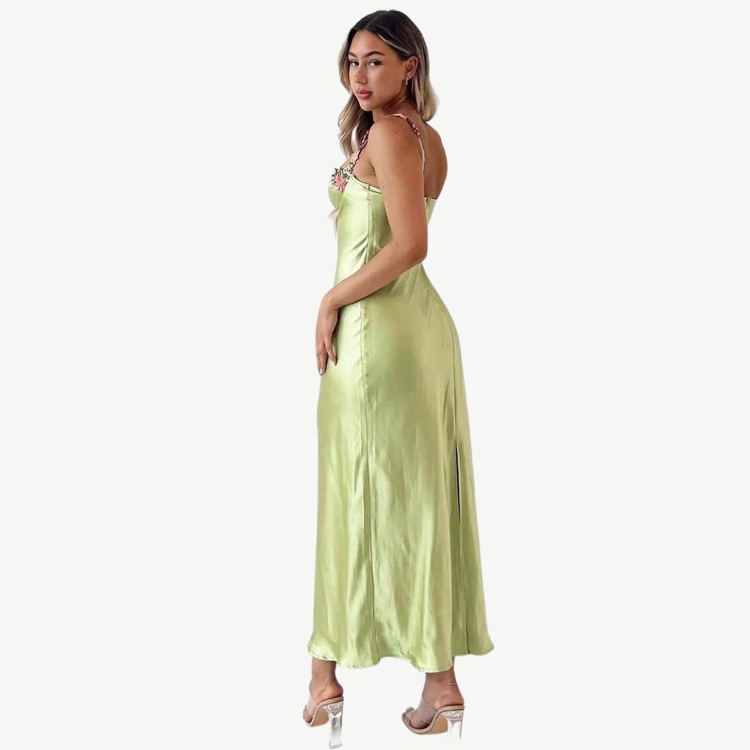 Vestido clásico de satén para mujer con tirantes florales | Ideal para primavera/verano