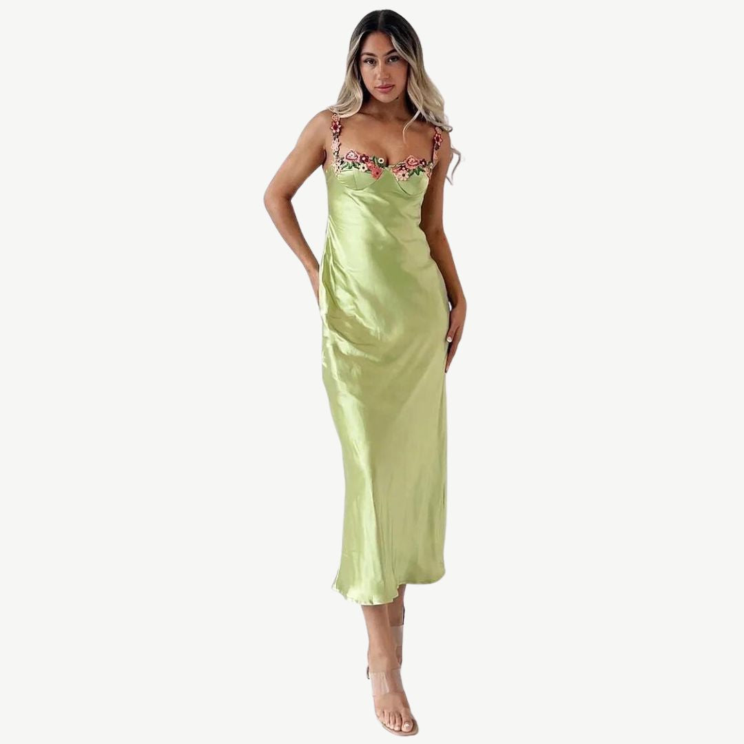 Vestido clásico de satén para mujer con tirantes florales | Ideal para primavera/verano