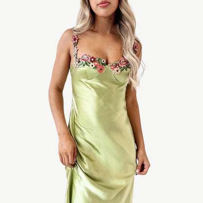 Vestido clásico de satén para mujer con tirantes florales | Ideal para primavera/verano