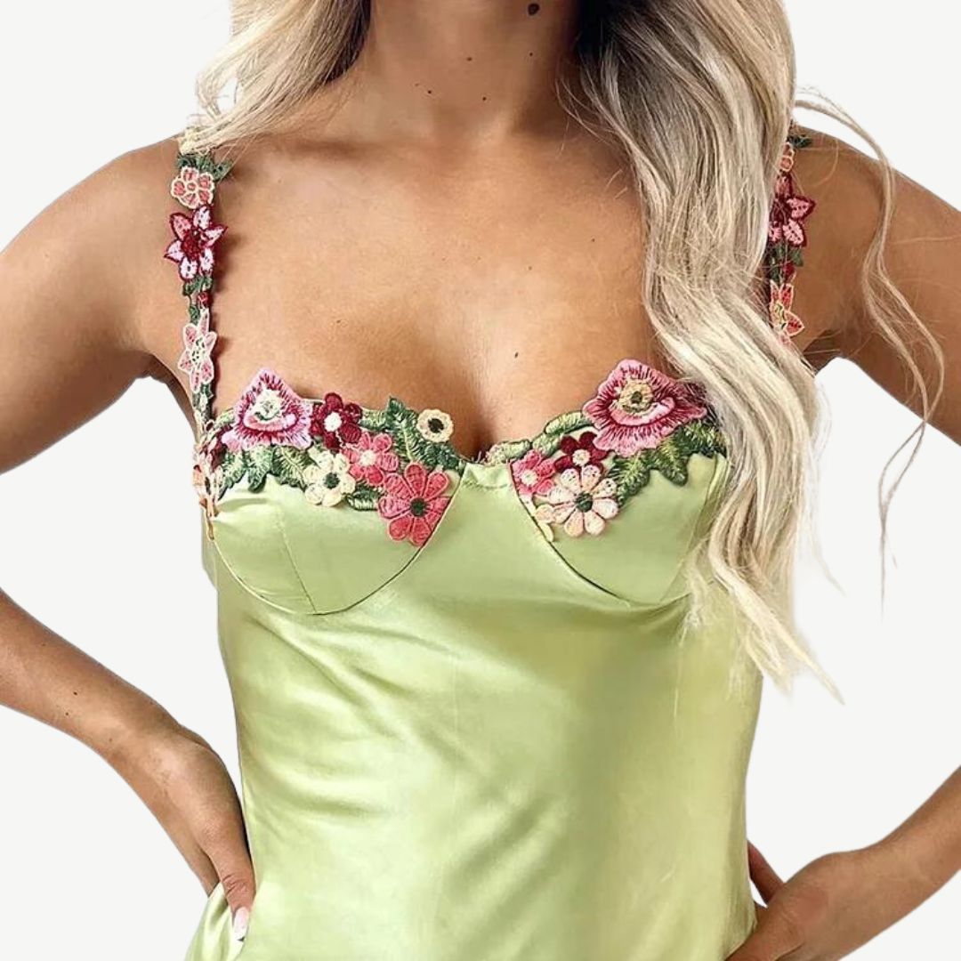 Vestido clásico de satén para mujer con tirantes florales | Ideal para primavera/verano
