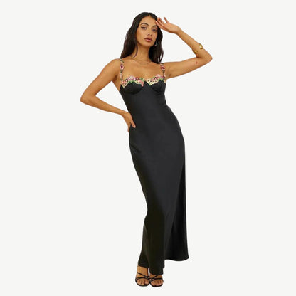 Vestido clásico de satén para mujer con tirantes florales | Ideal para primavera/verano