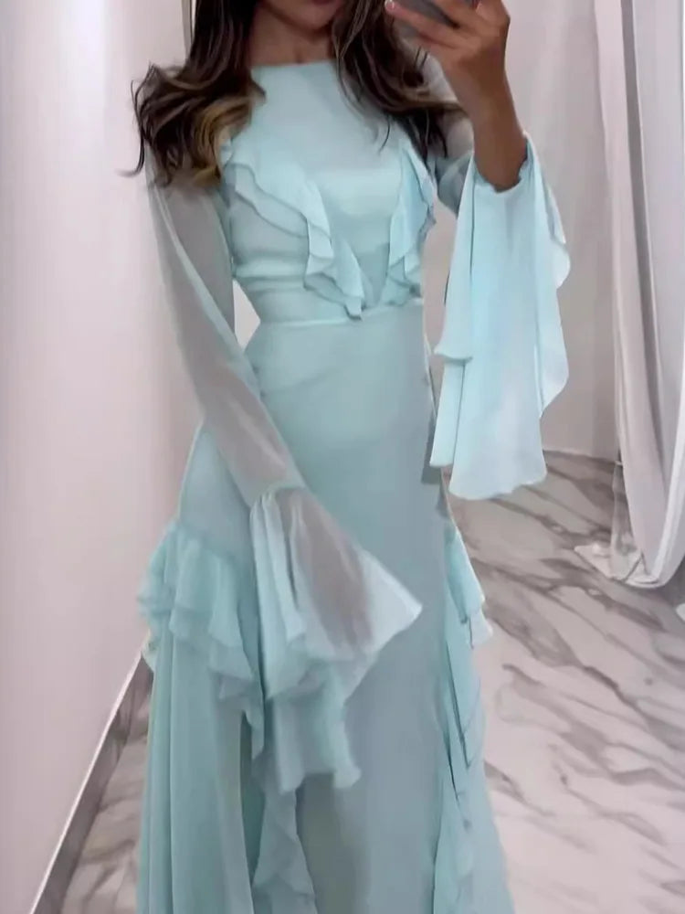 Artcat Elegant Long Sleeved Ruffled Bodycon Women Dress Fall 2025 New Mesh Hollow Out Evening Dress Slim Fit Party Club Vestidos