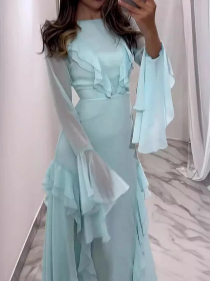 Artcat Elegant Long Sleeved Ruffled Bodycon Women Dress Fall 2025 New Mesh Hollow Out Evening Dress Slim Fit Party Club Vestidos