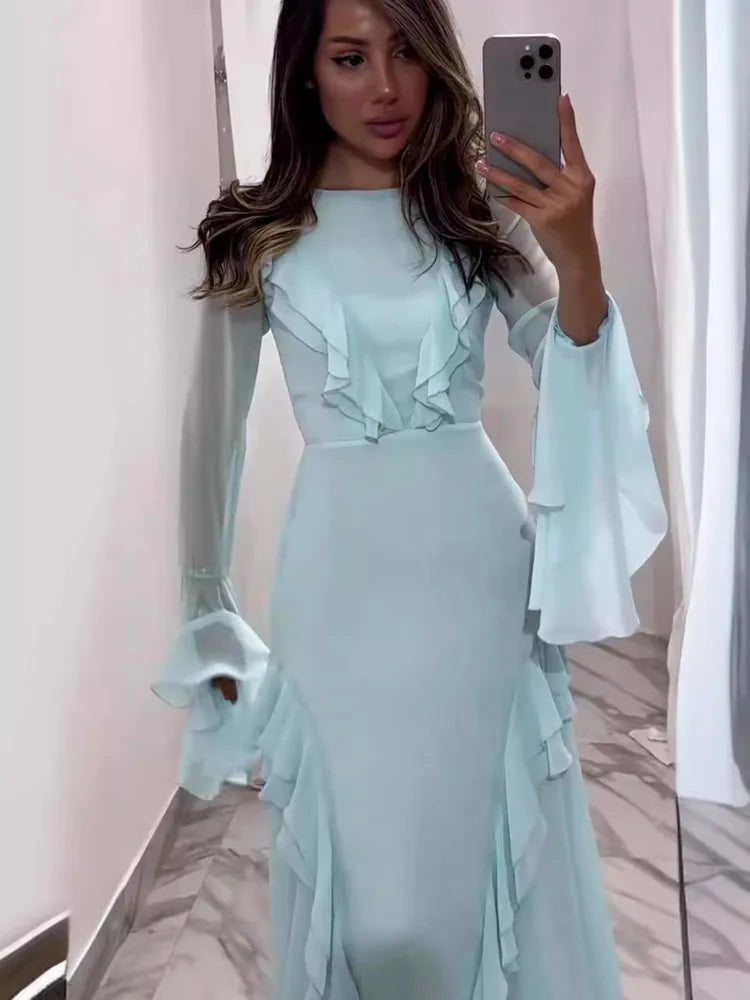 Artcat Elegant Long Sleeved Ruffled Bodycon Women Dress Fall 2025 New Mesh Hollow Out Evening Dress Slim Fit Party Club Vestidos