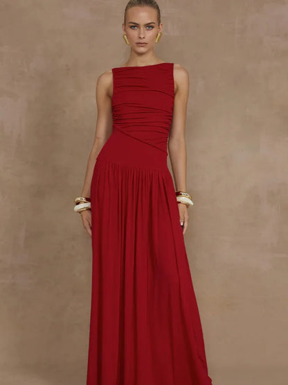 Artcat Elegant Sleeveless Round Neck Bodycon Long Dress For Women Folded Slimming Party Evening Dress Female Tight Vestido