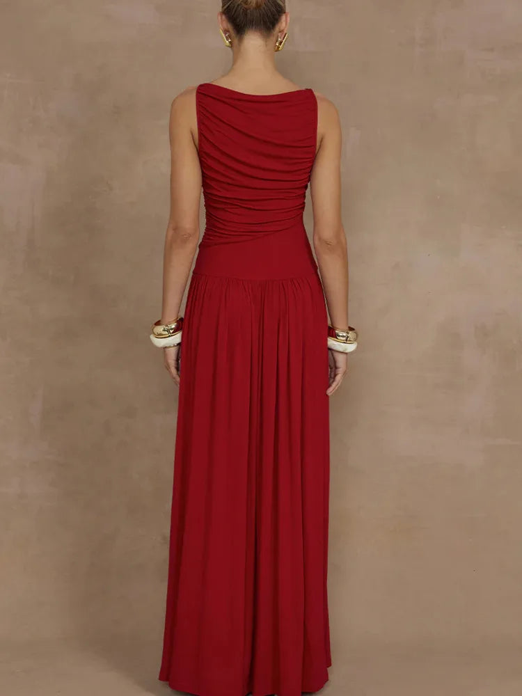 Artcat Elegant Sleeveless Round Neck Bodycon Long Dress For Women Folded Slimming Party Evening Dress Female Tight Vestido