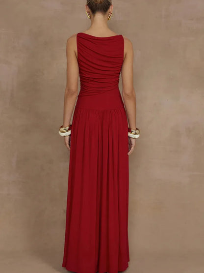 Artcat Elegant Sleeveless Round Neck Bodycon Long Dress For Women Folded Slimming Party Evening Dress Female Tight Vestido