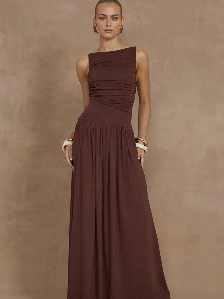 Artcat Elegant Sleeveless Round Neck Bodycon Long Dress For Women Folded Slimming Party Evening Dress Female Tight Vestido