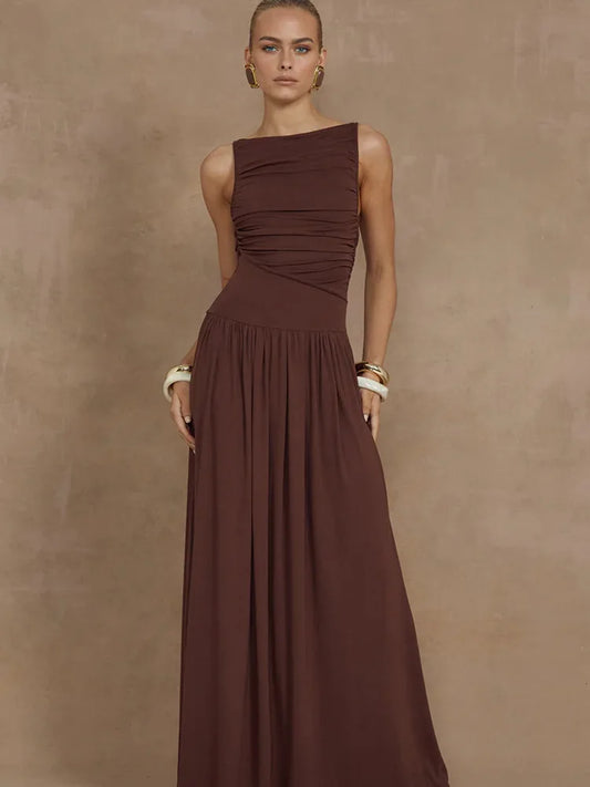 Artcat Elegant Sleeveless Round Neck Bodycon Long Dress For Women Folded Slimming Party Evening Dress Female Tight Vestido