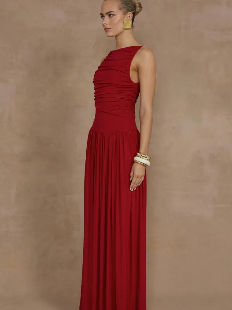 Artcat Elegant Sleeveless Round Neck Bodycon Long Dress For Women Folded Slimming Party Evening Dress Female Tight Vestido