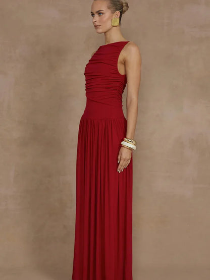 Artcat Elegant Sleeveless Round Neck Bodycon Long Dress For Women Folded Slimming Party Evening Dress Female Tight Vestido