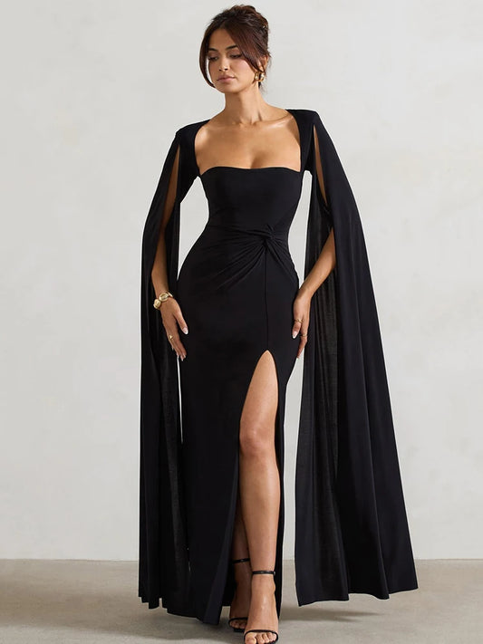 Elegant Bodycon High Slit Long Sleeved Shawl Women Dress Elasticity Tight Sexy Party Club Evening Dress Female Vestido
