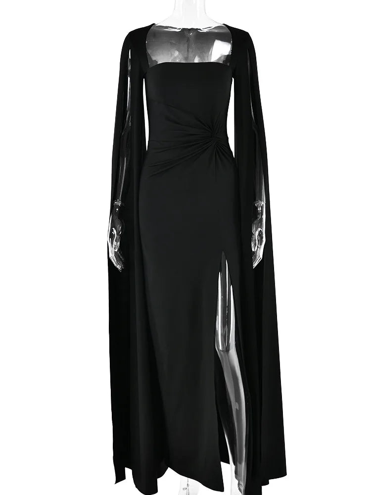 Elegant Bodycon High Slit Long Sleeved Shawl Women Dress Elasticity Tight Sexy Party Club Evening Dress Female Vestido