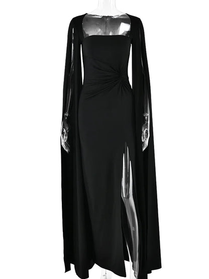 Elegant Bodycon High Slit Long Sleeved Shawl Women Dress Elasticity Tight Sexy Party Club Evening Dress Female Vestido