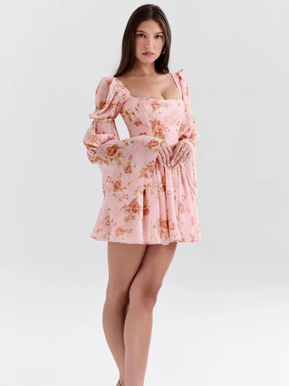 Elegant Horn Long Sleeve Bodycon Printed Short Skirt Female Sexy Square Neck Slim Female Dress Party Club Evening Dress