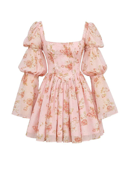 Elegant Horn Long Sleeve Bodycon Printed Short Skirt Female Sexy Square Neck Slim Female Dress Party Club Evening Dress