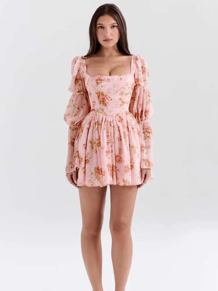 Elegant Horn Long Sleeve Bodycon Printed Short Skirt Female Sexy Square Neck Slim Female Dress Party Club Evening Dress