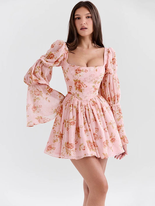 Elegant Horn Long Sleeve Bodycon Printed Short Skirt Female Sexy Square Neck Slim Female Dress Party Club Evening Dress