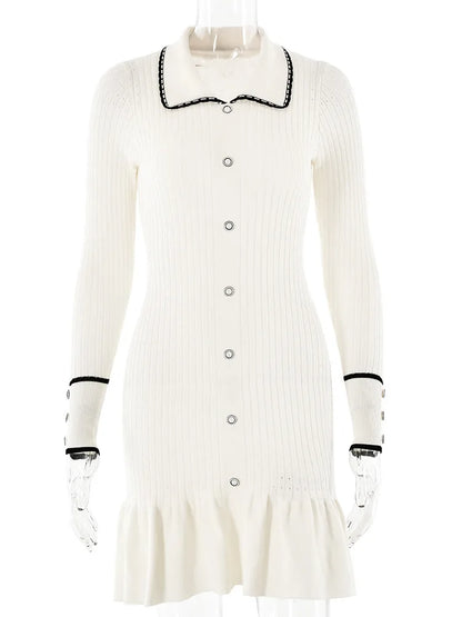 Elegant Knitted Sweater Button Elastic Slim Women Dress Lotus Leaf Edge Bodycon Long Sleeve Fall New  Female Vestido