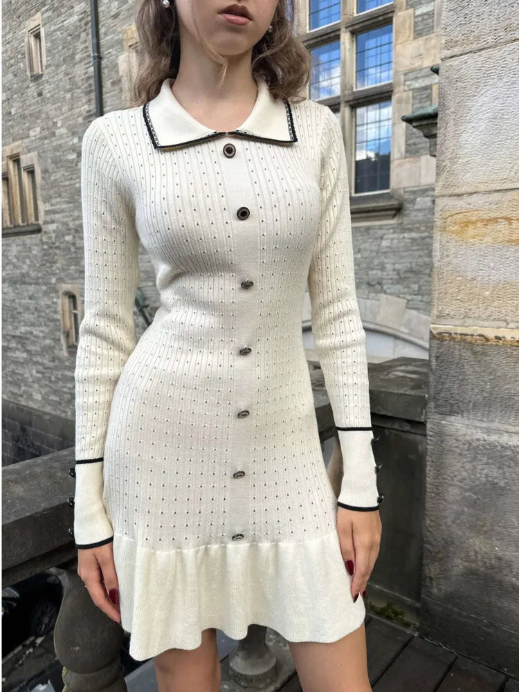 Elegant Knitted Sweater Button Elastic Slim Women Dress Lotus Leaf Edge Bodycon Long Sleeve Fall New  Female Vestido
