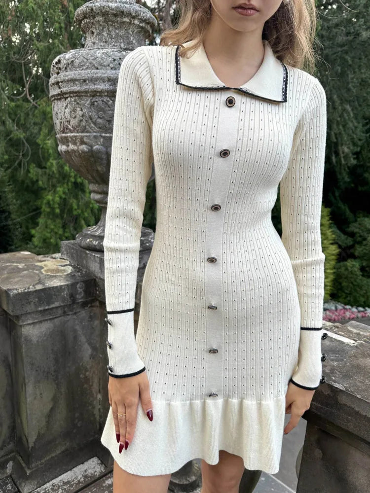 Elegant Knitted Sweater Button Elastic Slim Women Dress Lotus Leaf Edge Bodycon Long Sleeve Fall New  Female Vestido