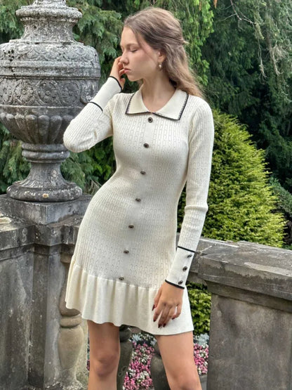 Elegant Knitted Sweater Button Elastic Slim Women Dress Lotus Leaf Edge Bodycon Long Sleeve Fall New  Female Vestido