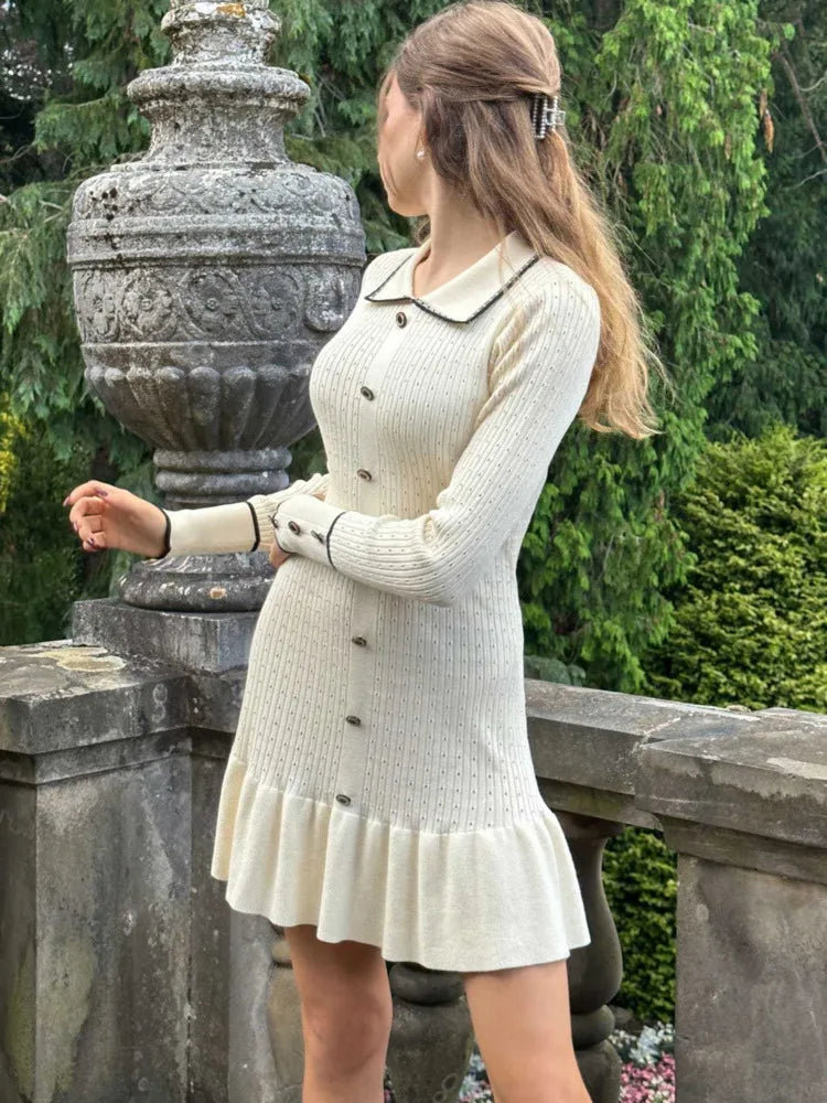 Elegant Knitted Sweater Button Elastic Slim Women Dress Lotus Leaf Edge Bodycon Long Sleeve Fall New  Female Vestido