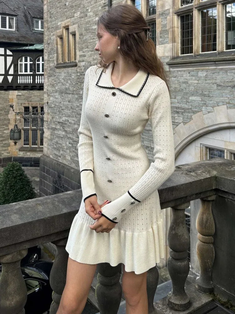 Elegant Knitted Sweater Button Elastic Slim Women Dress Lotus Leaf Edge Bodycon Long Sleeve Fall New  Female Vestido