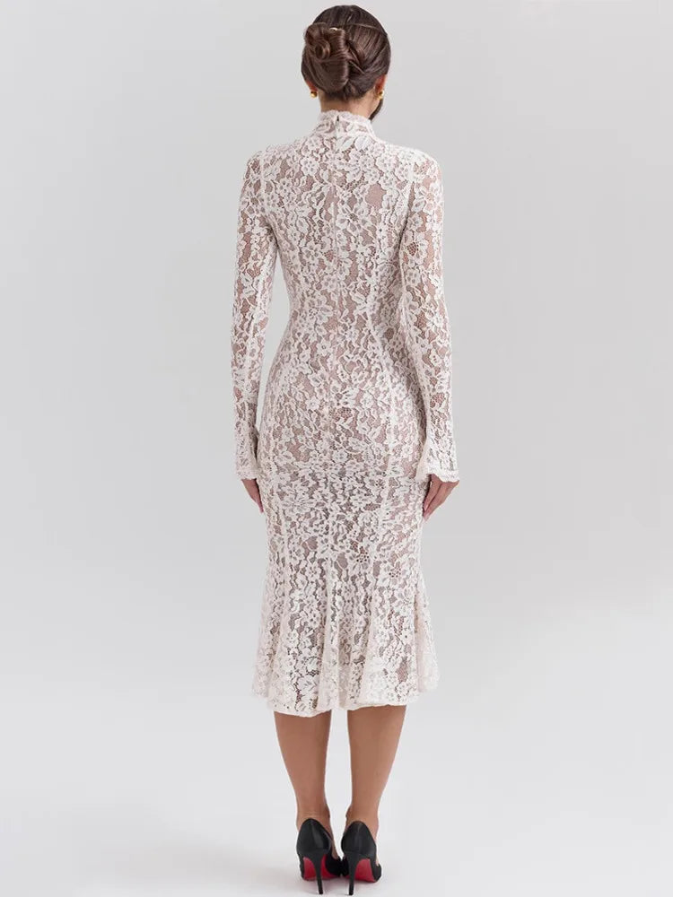 Elegant Lace Long Sleeve Bodycon Party Evening Dress Women 2025 New Autumn/Winter Tight Half High Neck Fishtail Dress