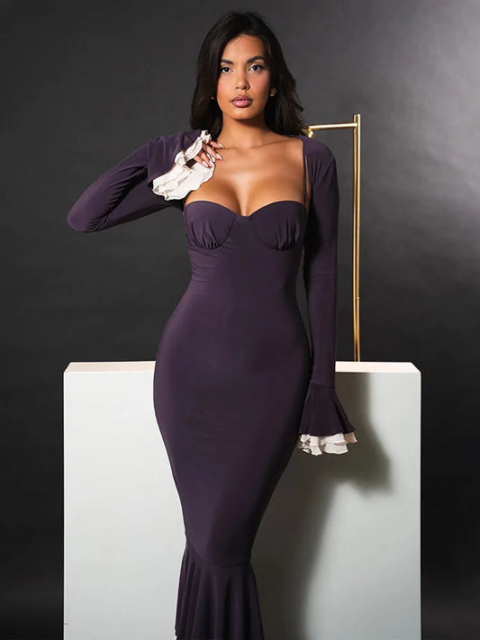Elegant Long Flared Sleeve Elastic Tight Women Two-piece Set Autumn/Winter New 2025 Sexy Party Club Evening Dress