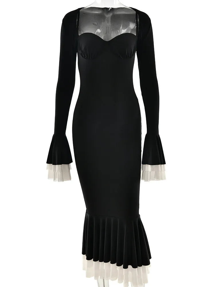 Elegant Long Flared Sleeve Elastic Tight Women Two-piece Set Autumn/Winter New 2025 Sexy Party Club Evening Dress