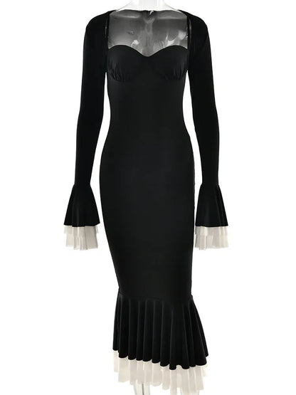 Elegant Long Flared Sleeve Elastic Tight Women Two-piece Set Autumn/Winter New 2025 Sexy Party Club Evening Dress