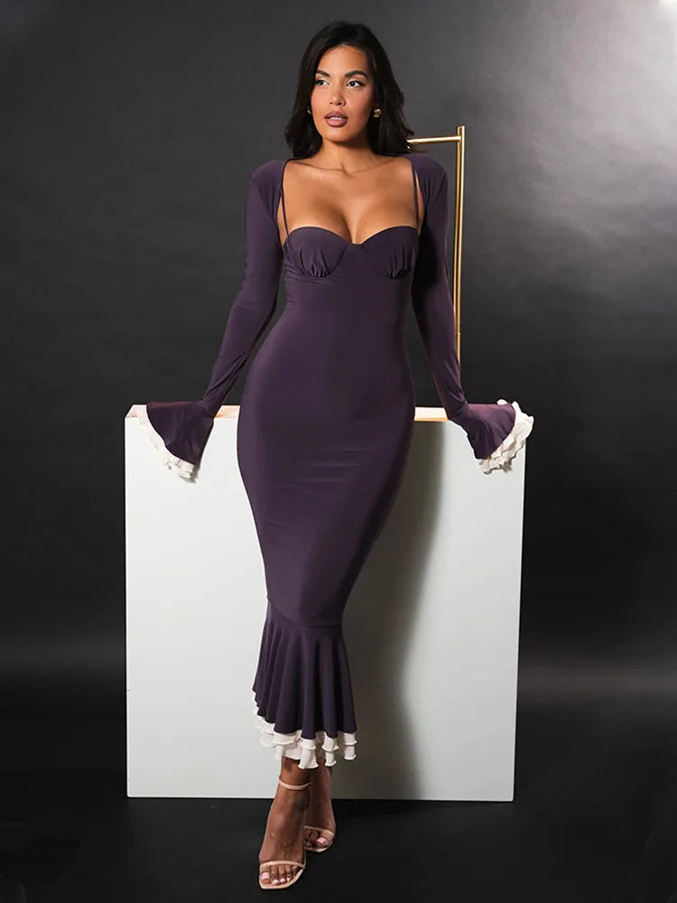 Elegant Long Flared Sleeve Elastic Tight Women Two-piece Set Autumn/Winter New 2025 Sexy Party Club Evening Dress