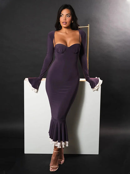 Elegant Long Flared Sleeve Elastic Tight Women Two-piece Set Autumn/Winter New 2025 Sexy Party Club Evening Dress