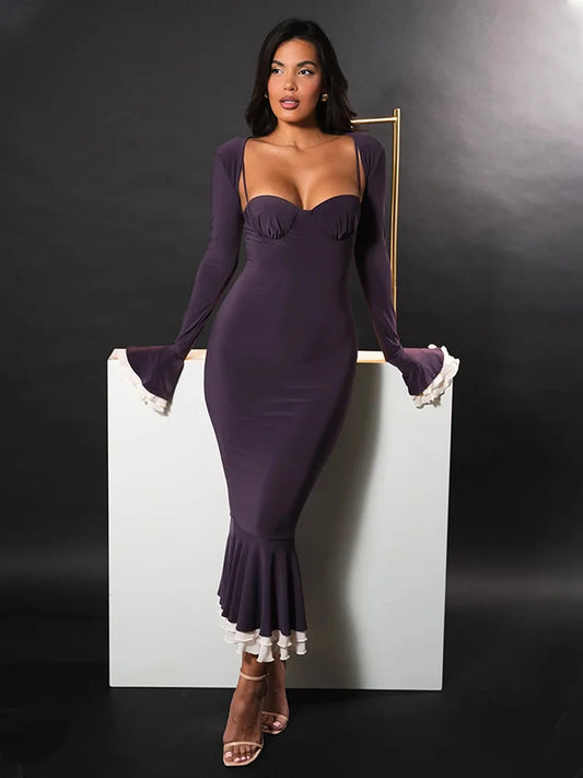 Elegant Long Flared Sleeve Elastic Tight Women Two-piece Set Autumn/Winter New 2025 Sexy Party Club Evening Dress