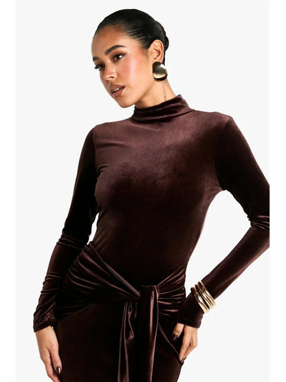 Elegant Long Sleeve Bodycon Korean Velvet Party Evening Dress Women Elastic Tight Vestido Autumn/Winter2025 New Clothing