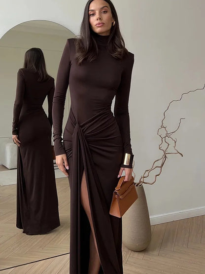 Elegant Long Sleeve Bodycon Party Club Women Evening Dress 2025 Autumn/Winter New Height Split Elastic Tight Vestido