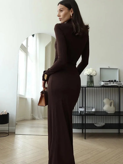 Elegant Long Sleeve Bodycon Party Club Women Evening Dress 2025 Autumn/Winter New Height Split Elastic Tight Vestido