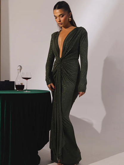 Elegant Long Sleeve Elastic Tight Party Evening Dress For Women Sexy Deep V-Fold Lace Vestido Autumn/Winter New 2025