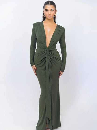 Elegant Long Sleeve Elastic Tight Party Evening Dress For Women Sexy Deep V-Fold Lace Vestido Autumn/Winter New 2025