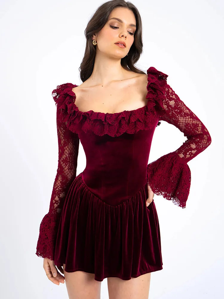 Elegant Long Sleeve Lace Patchwork Tight Dress Women Sexy Trumpet Sleeves Slim Skirt Autumn/Winter New 2025 Vestido
