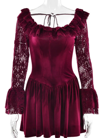 Elegant Long Sleeve Lace Patchwork Tight Dress Women Sexy Trumpet Sleeves Slim Skirt Autumn/Winter New 2025 Vestido