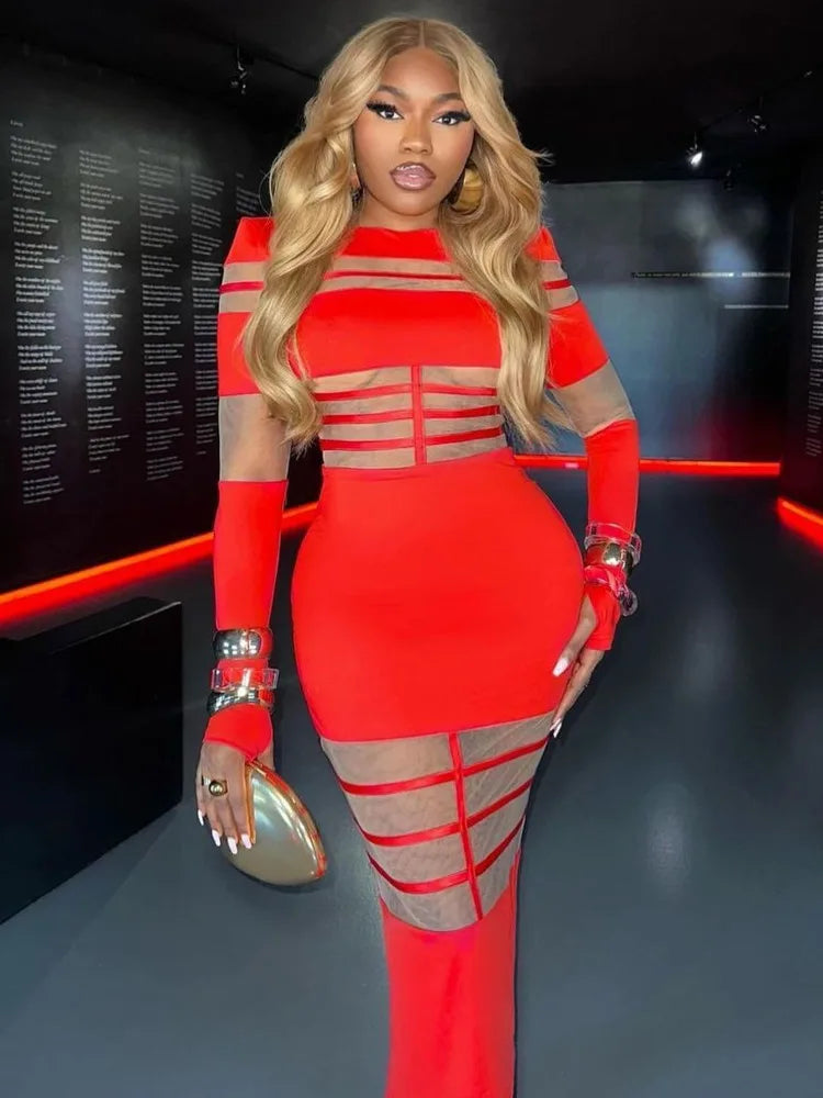 Elegant Long Sleeve Mesh Patchwork Bodycon Party Evening Dress Women Elastic Tight Autumn/Winter New 2025 Vestido Female