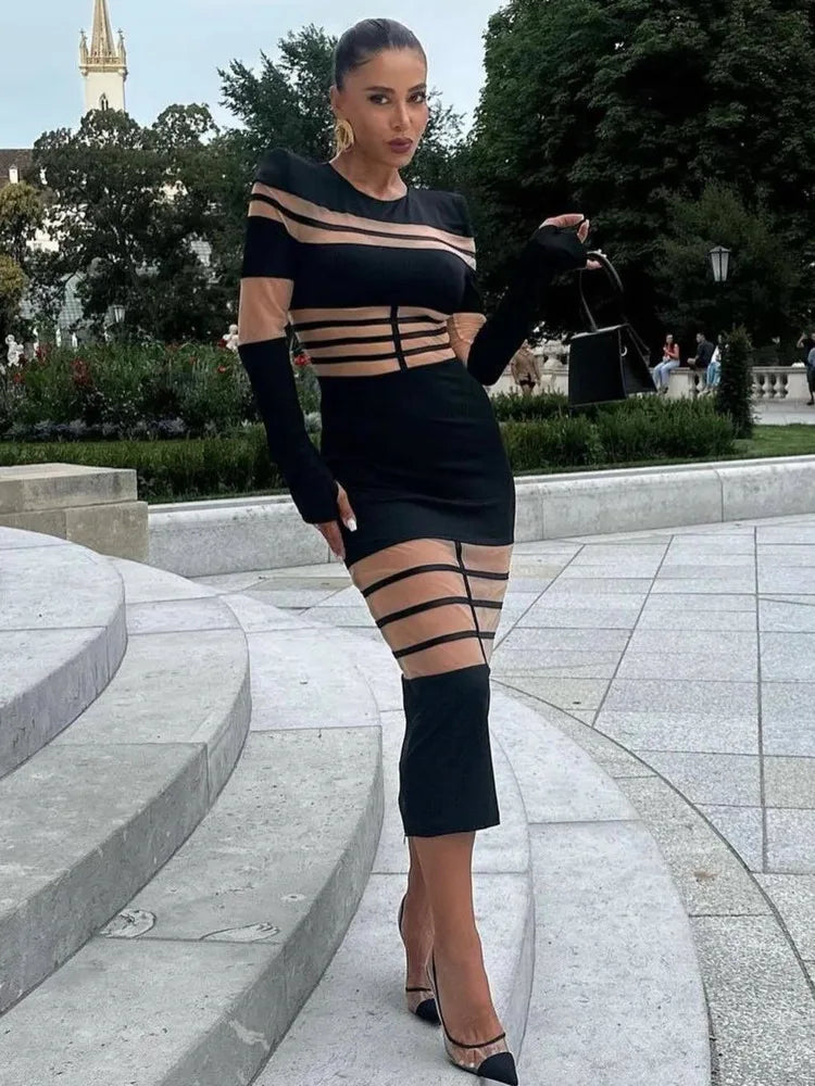 Elegant Long Sleeve Mesh Patchwork Bodycon Party Evening Dress Women Elastic Tight Autumn/Winter New 2025 Vestido Female