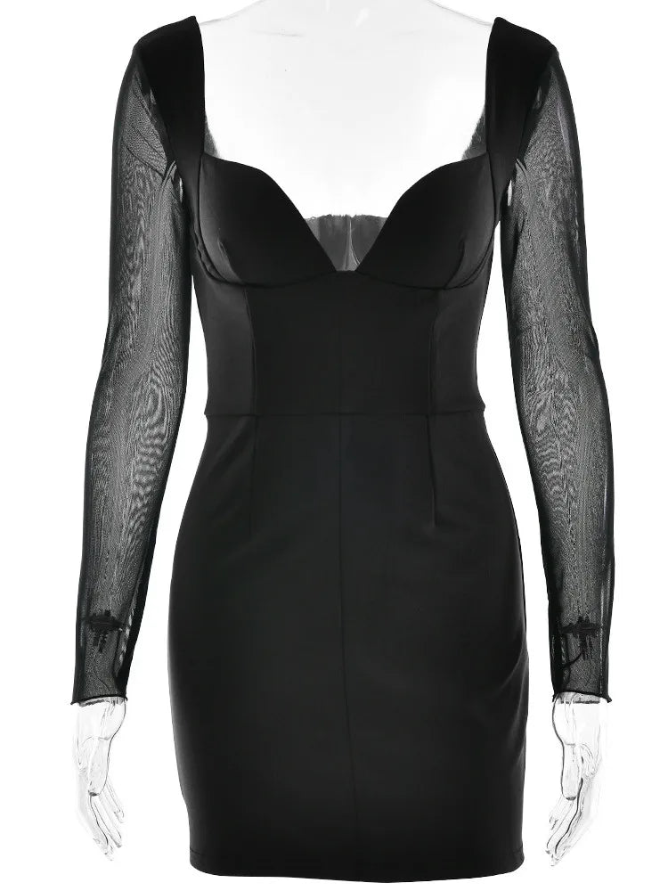 Elegant Long Sleeve Mesh Patchwork Zipper Tight Dress Women Sexy Deep V-Back Short Skirt Party Club Evening Dress 2025